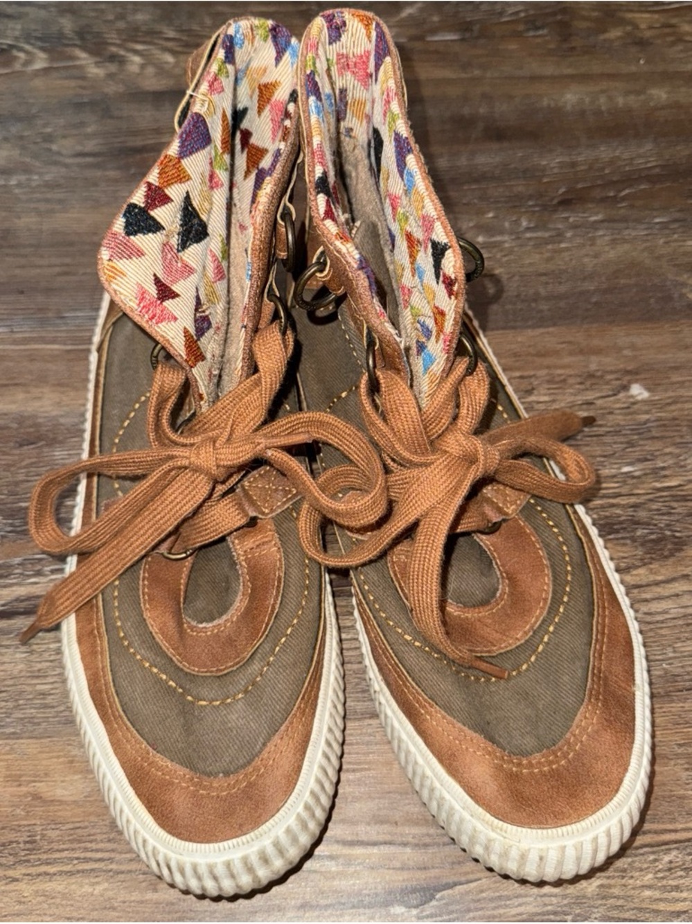 Blowfish Brown Canvas & Suede High-Top Sneakers with Multicolor Patterned Cuff